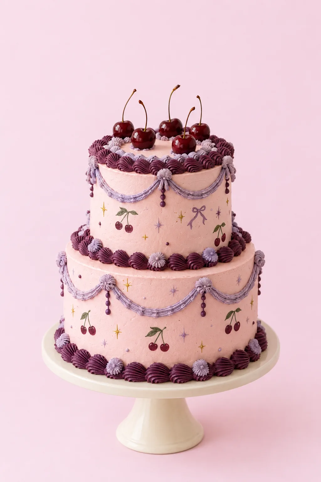 Two-tier blush pink cake with plum and lavender piping, painted cherries, and fresh cherries on top